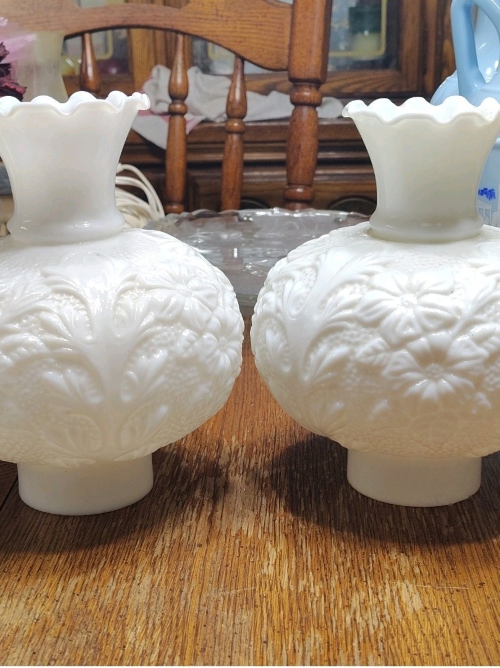 Set of 2 Antique White Milk Glass Lamp Shades With A Beautiful Floral Design